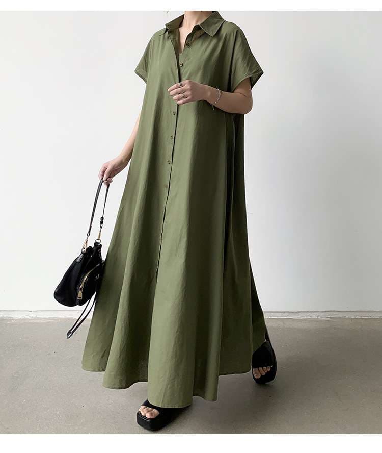 50代ファッション ゆったりマキシ丈シャツワンピース