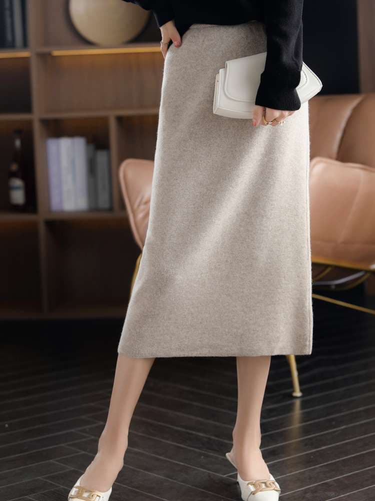 50代ファッション 【ウール100％】大人の上質ミモレ丈ニットスカート