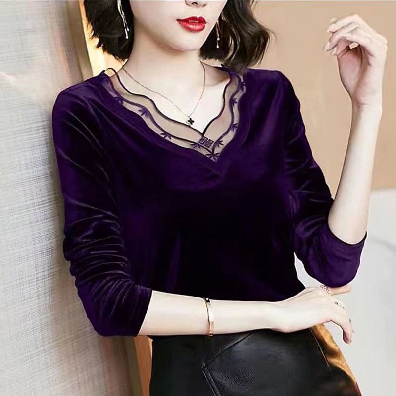 50代ファッション カットソー 上品メッシュ切り替え ベロア調長袖カットソー