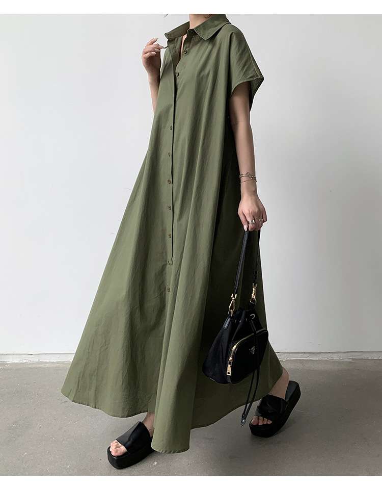50代ファッション ゆったりマキシ丈シャツワンピース