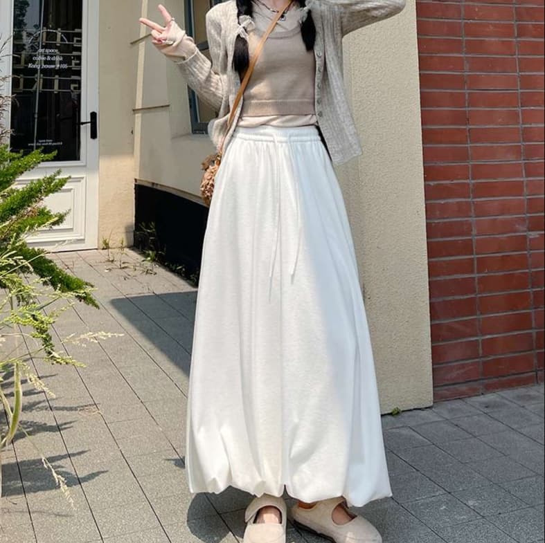50代ファッション 裏起毛ゆったりロング丈バルーンスカート