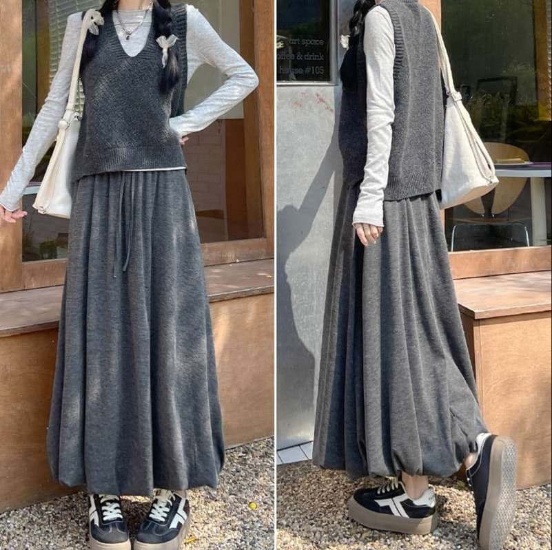 50代ファッション 裏起毛ゆったりロング丈バルーンスカート