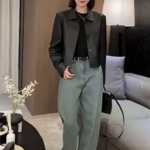 50代ファッション レザー調カジュアルジャケット