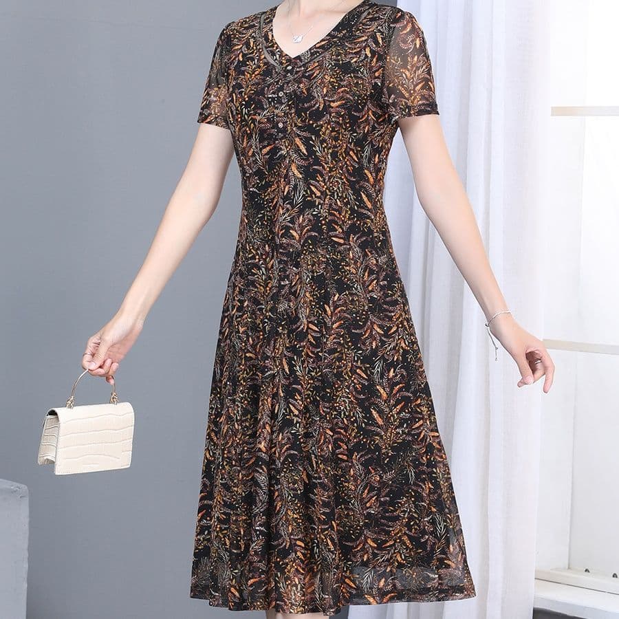 50代ファッション 花柄プリント半袖上品膝丈ワンピース