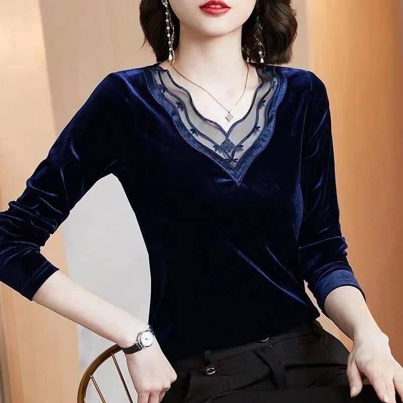 50代ファッション カットソー 上品メッシュ切り替え ベロア調長袖カットソー