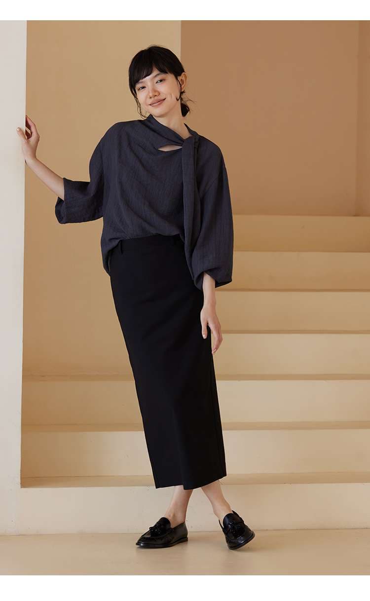 50代ファッション リボン襟七分袖プルオーバー