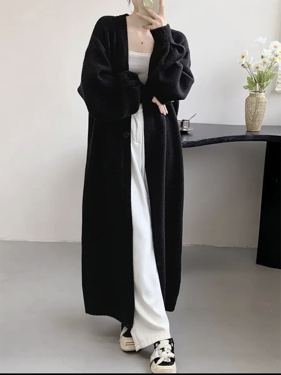 50代ファッション 大人の上品ニットカーディガン ロング丈
