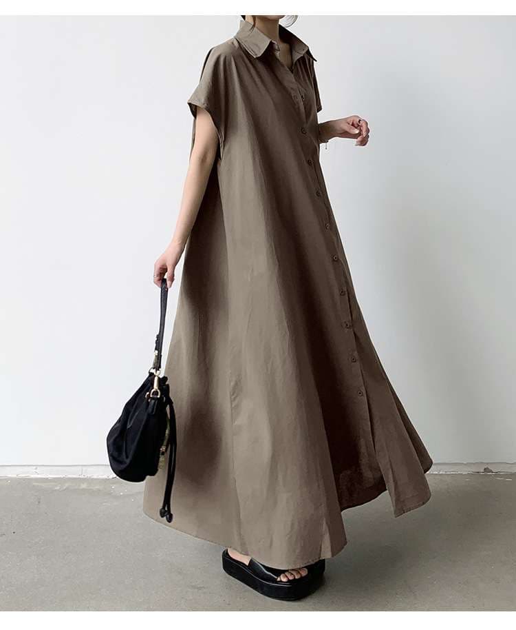 50代ファッション ゆったりマキシ丈シャツワンピース
