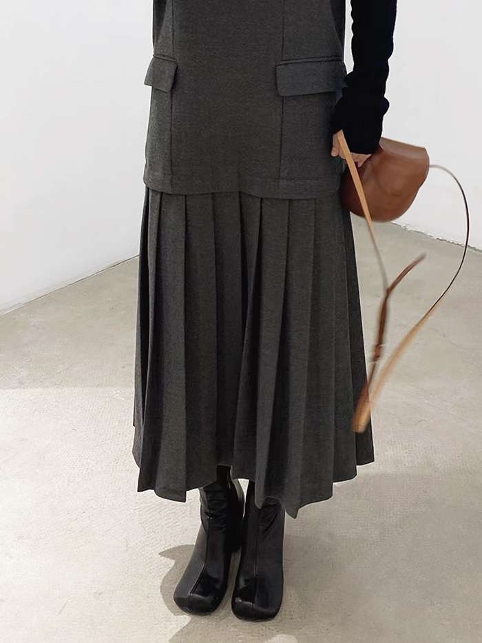 50代ファッション プリーツロングジレワンピース