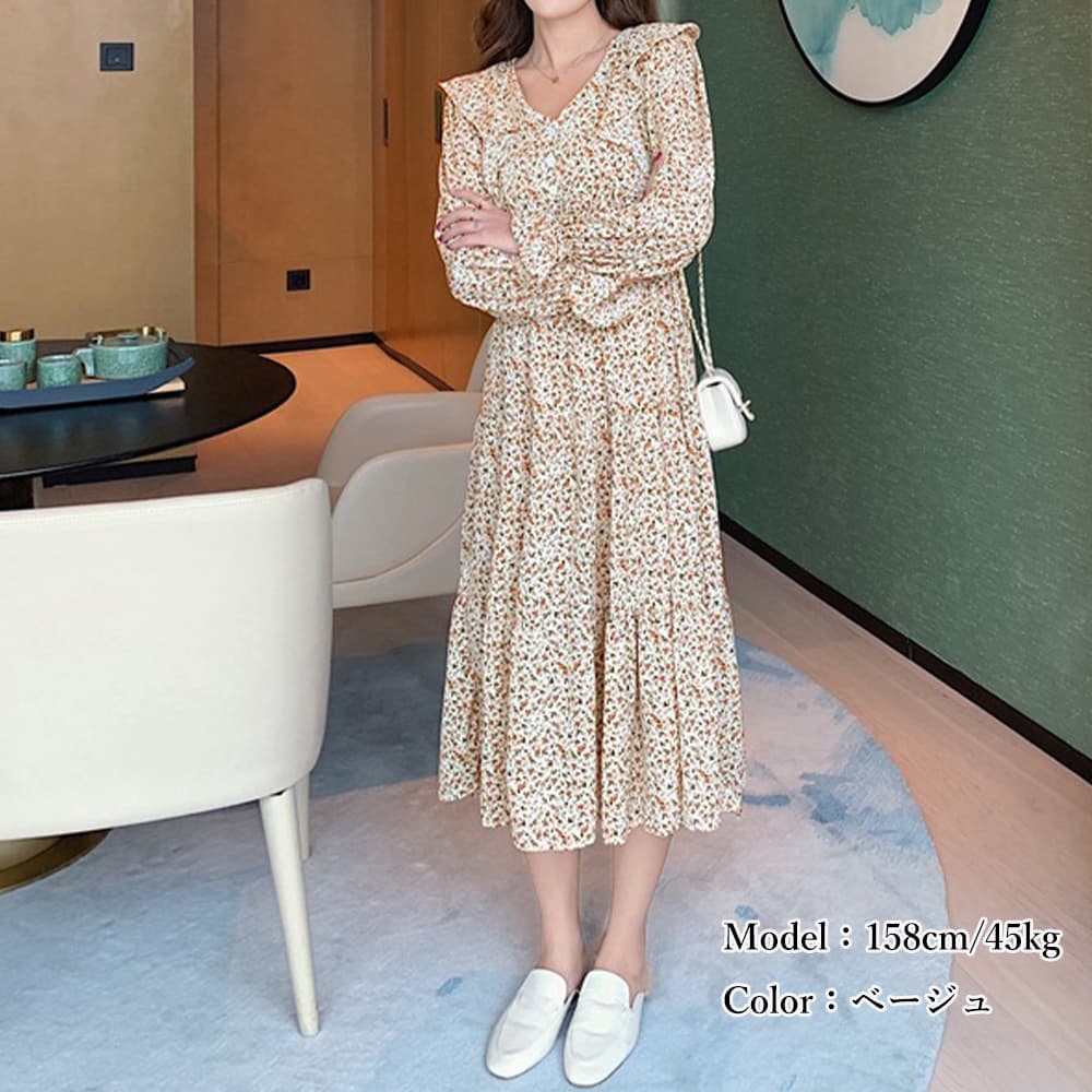 50代ファッション 花柄ティアード長袖ワンピース 上品な小花柄