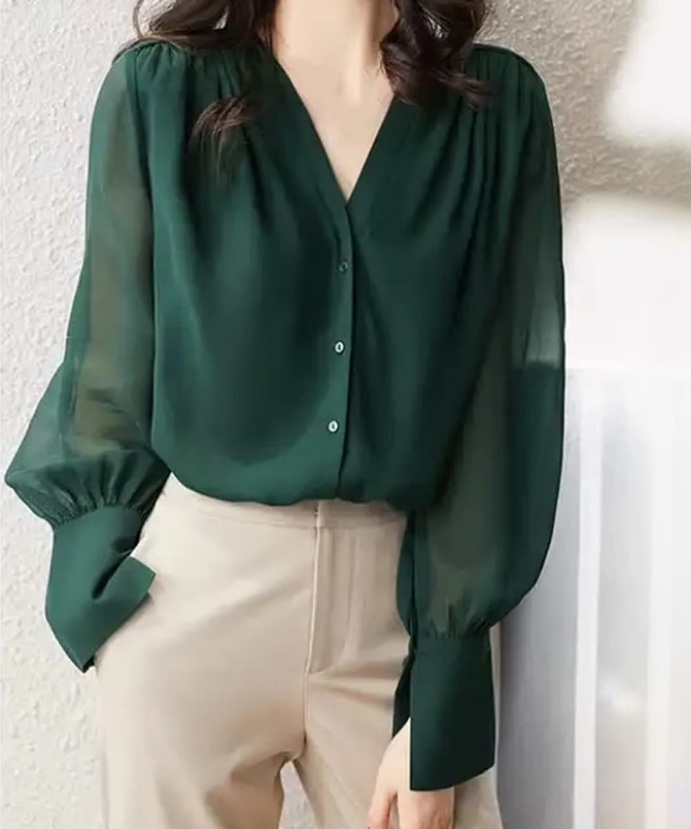 50代ファッション 上品シフォンブラウス 深Ｖネック通勤トップス