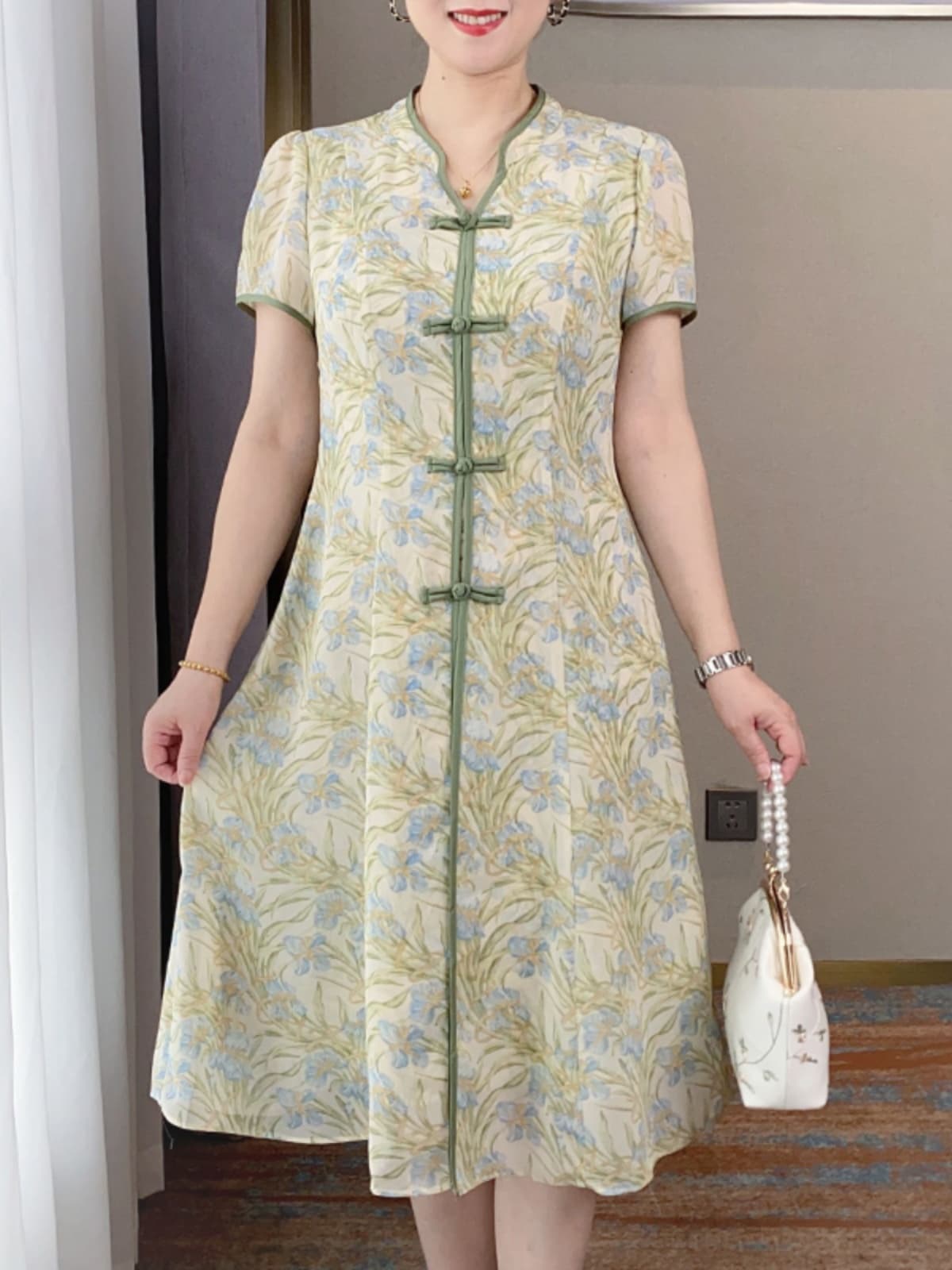 50代ファッション 花水墨チャイナ風優雅ワンピース