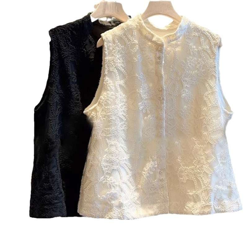 50代ファッション 花柄レースの高級感ある襟なしシャツブラウス