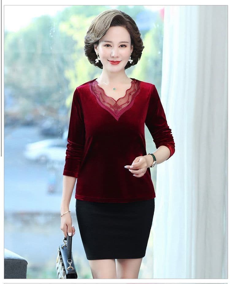 50代ファッション カットソー 上品メッシュ切り替え ベロア調長袖カットソー