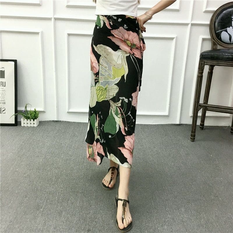 50代ファッション 南国風マキシ丈リゾートスカート
