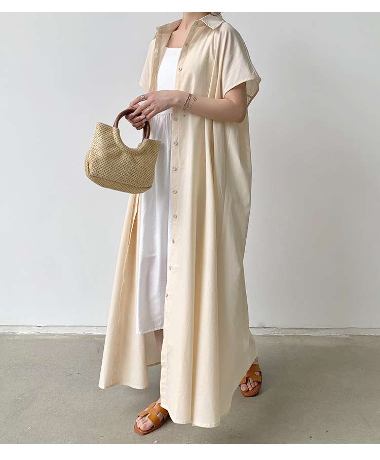 50代ファッション ゆったりマキシ丈シャツワンピース