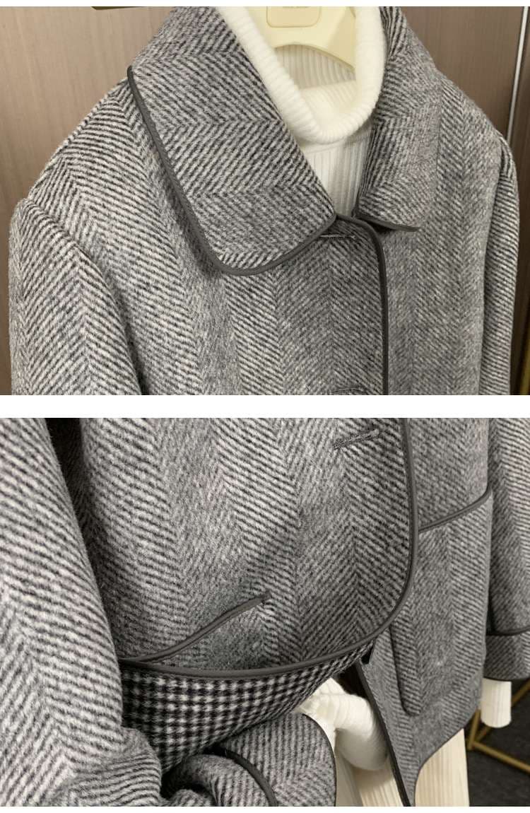 50代ファッション ヘリンボーン柄ショートコート