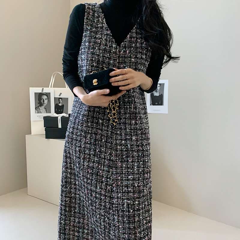 50代ファッション ツイード風ロングジャンパースカート