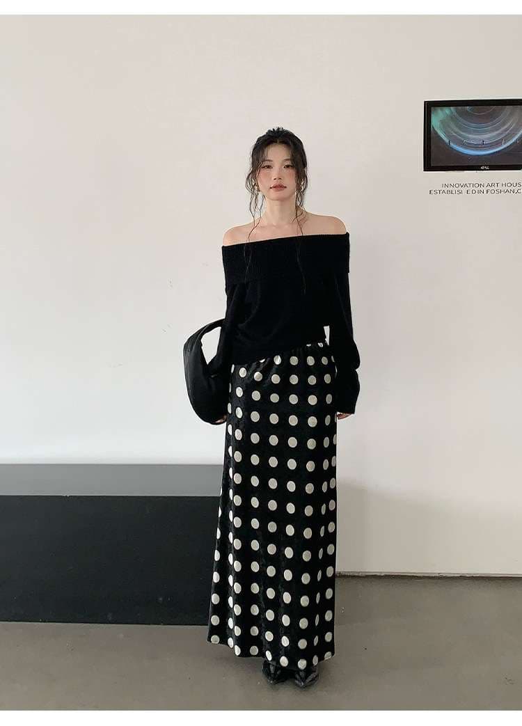 50代ファッション ベルベットドット柄マキシスカート
