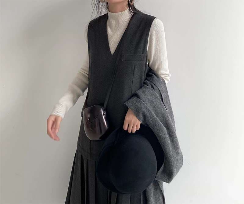 50代ファッション プリーツロングジレワンピース