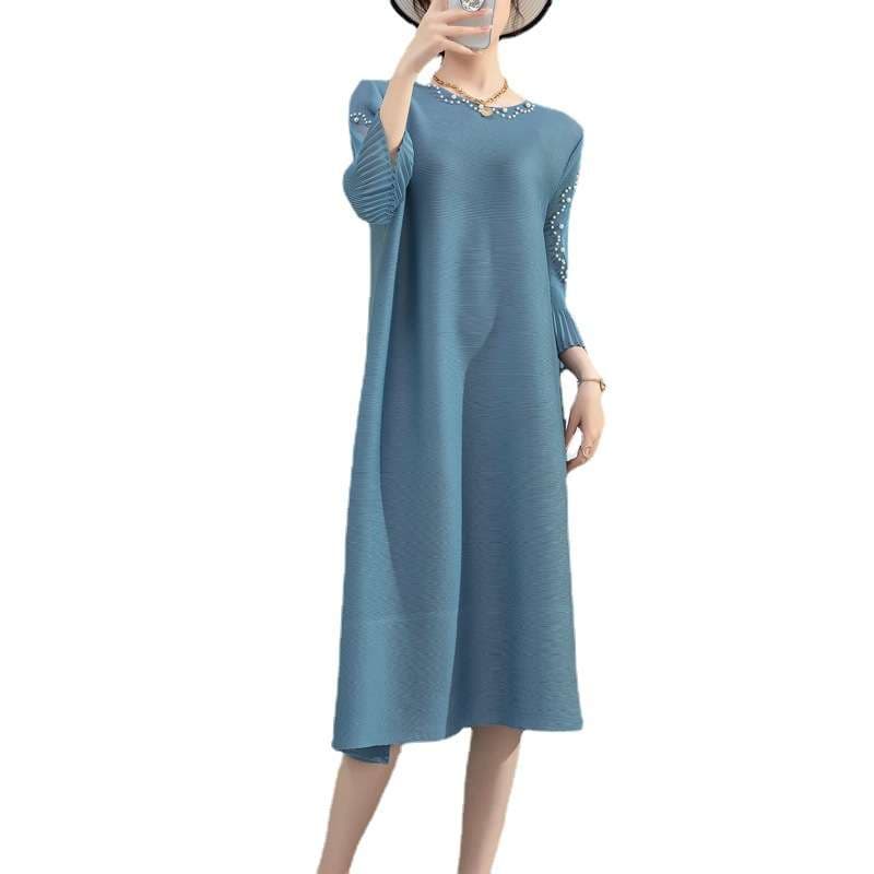 50代ファッション パール付き長袖ゆったりワンピース