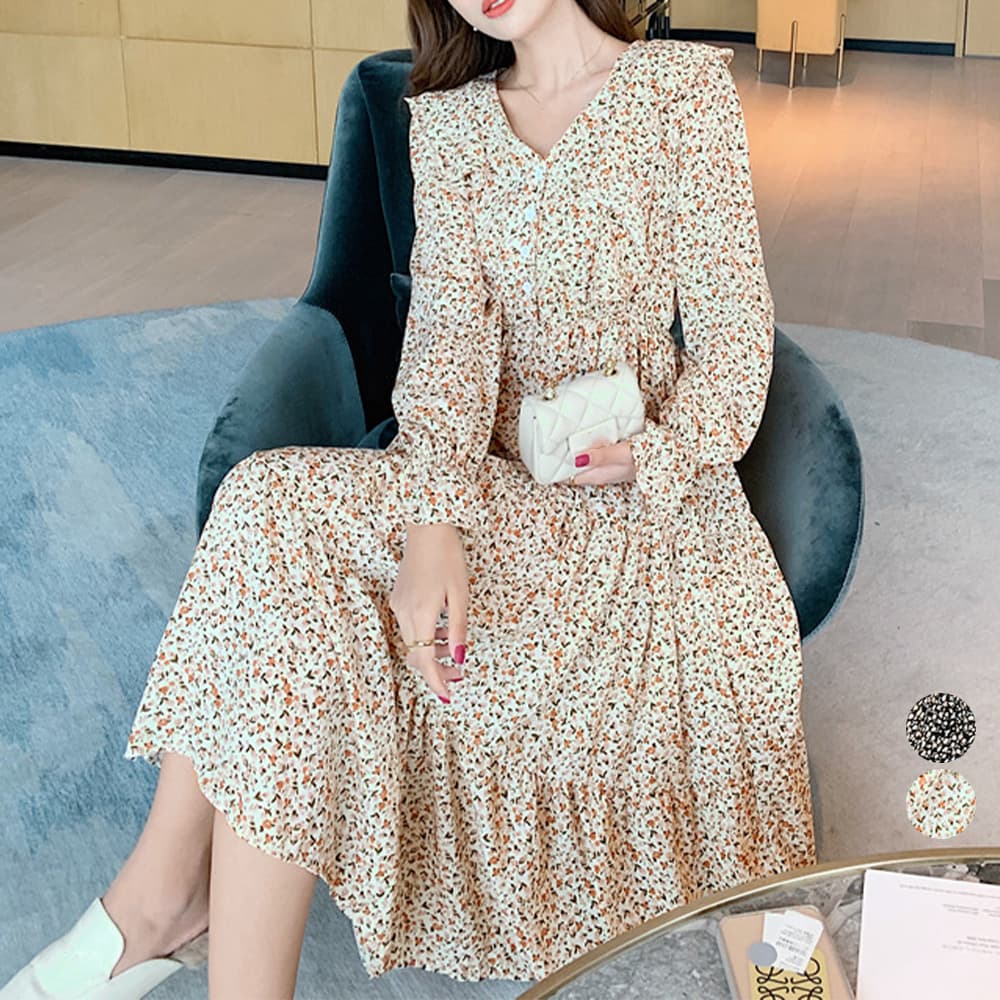 50代ファッション 花柄ティアード長袖ワンピース 上品な小花柄