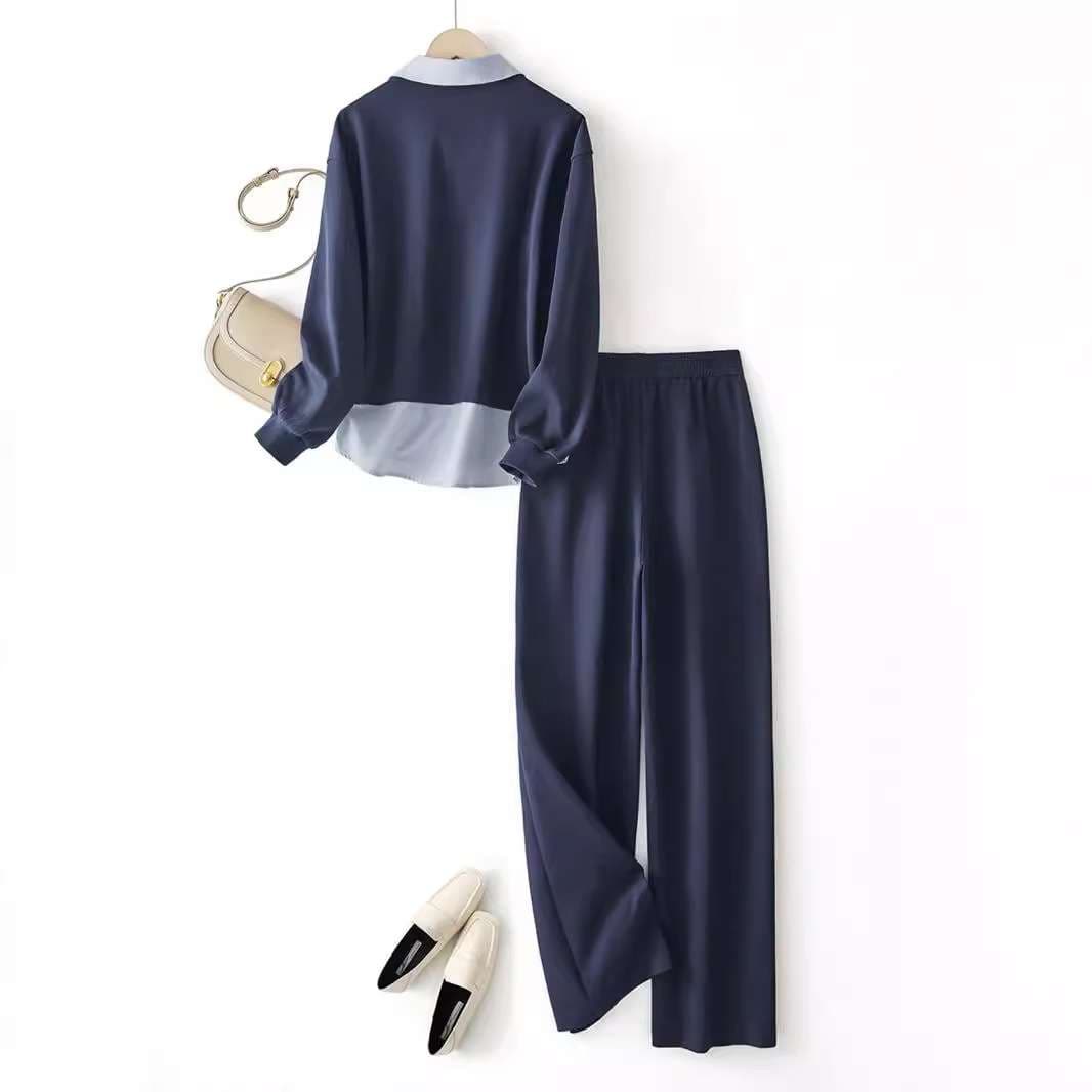 50代ファッション 上品シルエットの長袖ブラウス＆パンツセット