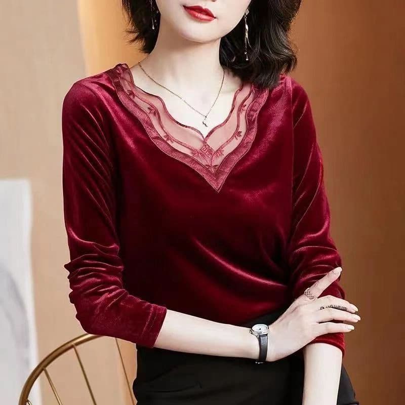 50代ファッション カットソー 上品メッシュ切り替え ベロア調長袖カットソー