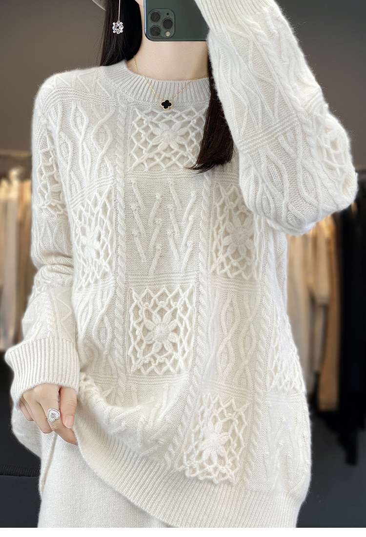 50代ファッション 【ウール100％】上品な透かし編みプルオーバー