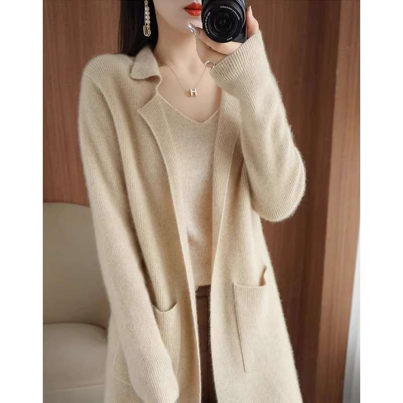 50代ファッション 上質ウール混ロングカーディガン