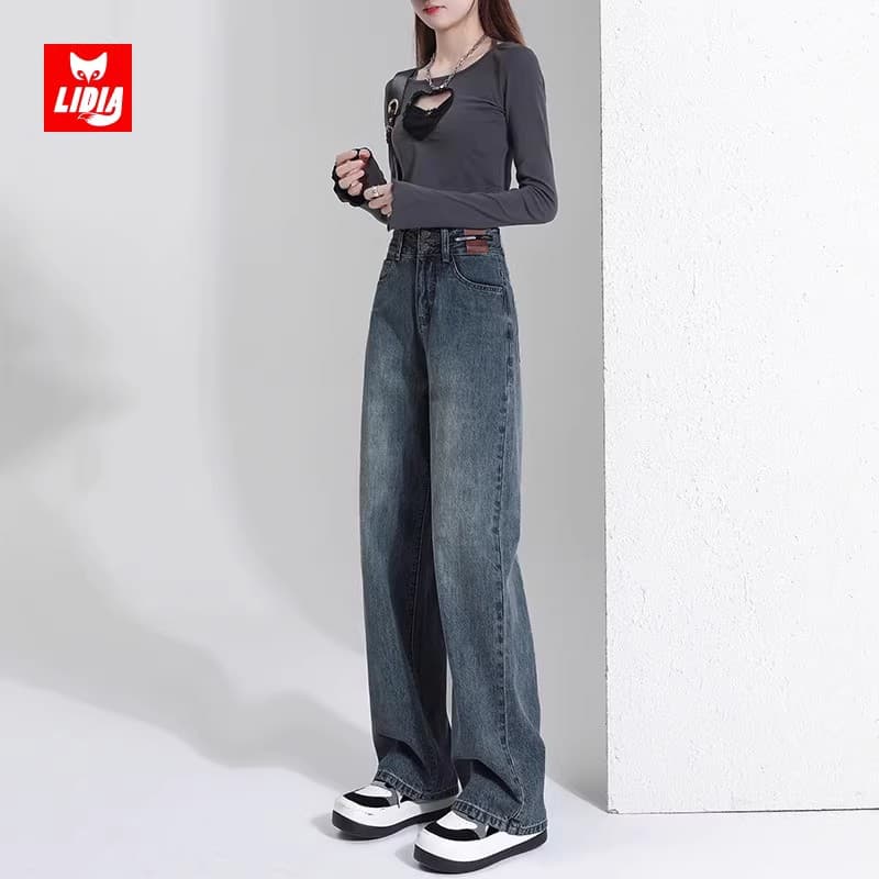 50代ファッション ゆったりシルエット ハイウエストデニムパンツ