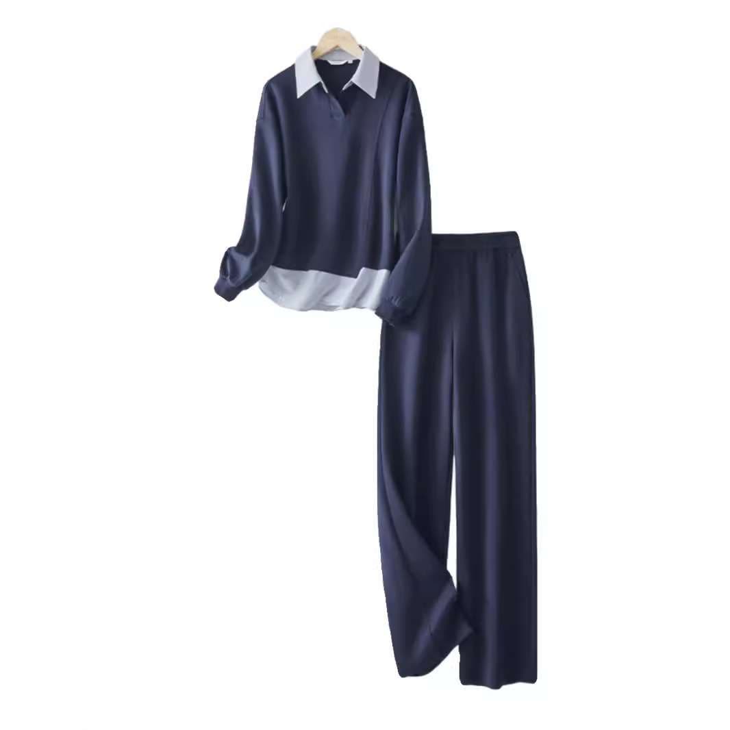 50代ファッション 上品シルエットの長袖ブラウス＆パンツセット