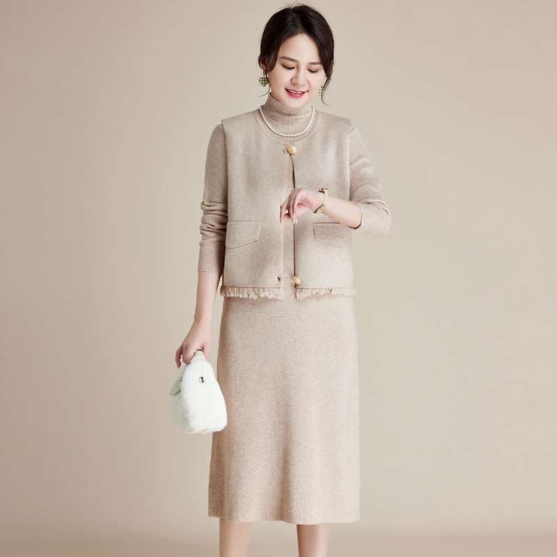 50代ファッション エレガントなフリンジ付きツーピース