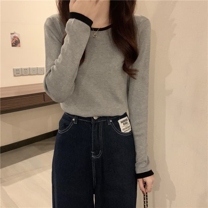 50代ファッション 配色リブ仕様シンプル長袖ニット