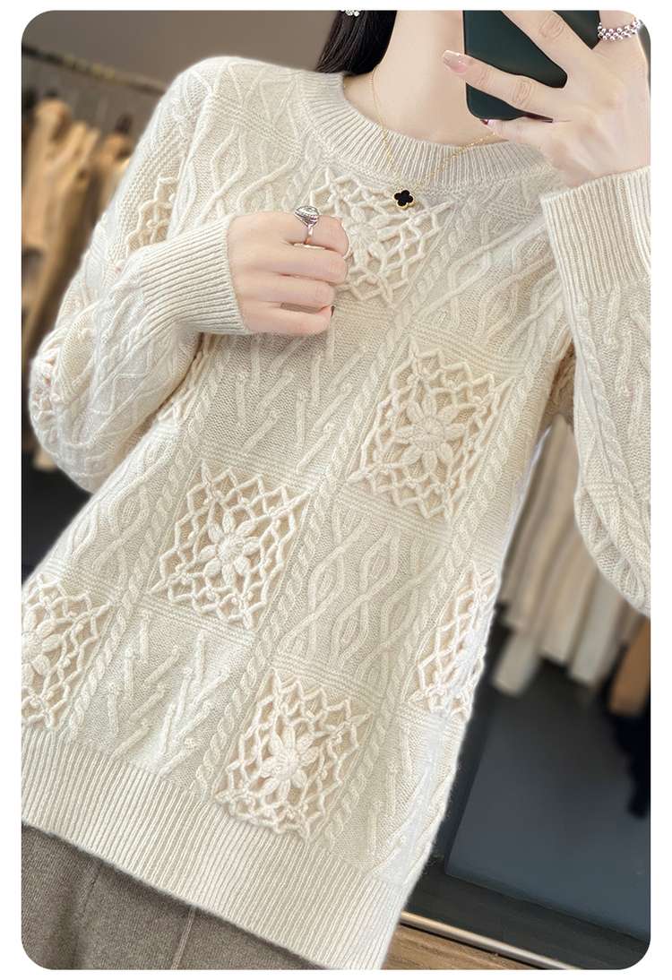 50代ファッション 【ウール100％】上品な透かし編みプルオーバー