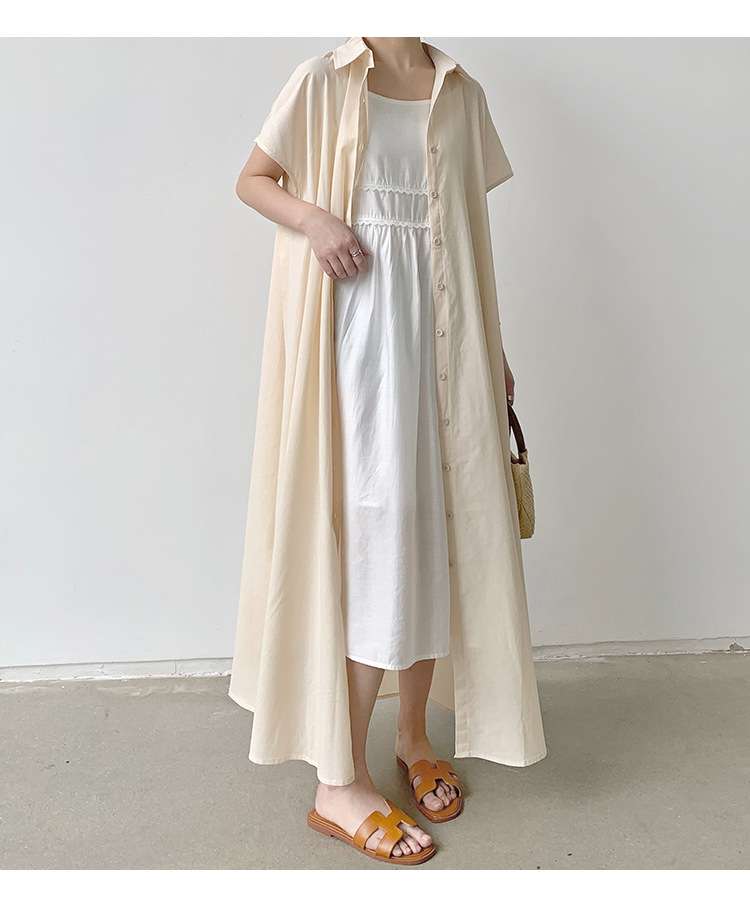 50代ファッション ゆったりマキシ丈シャツワンピース