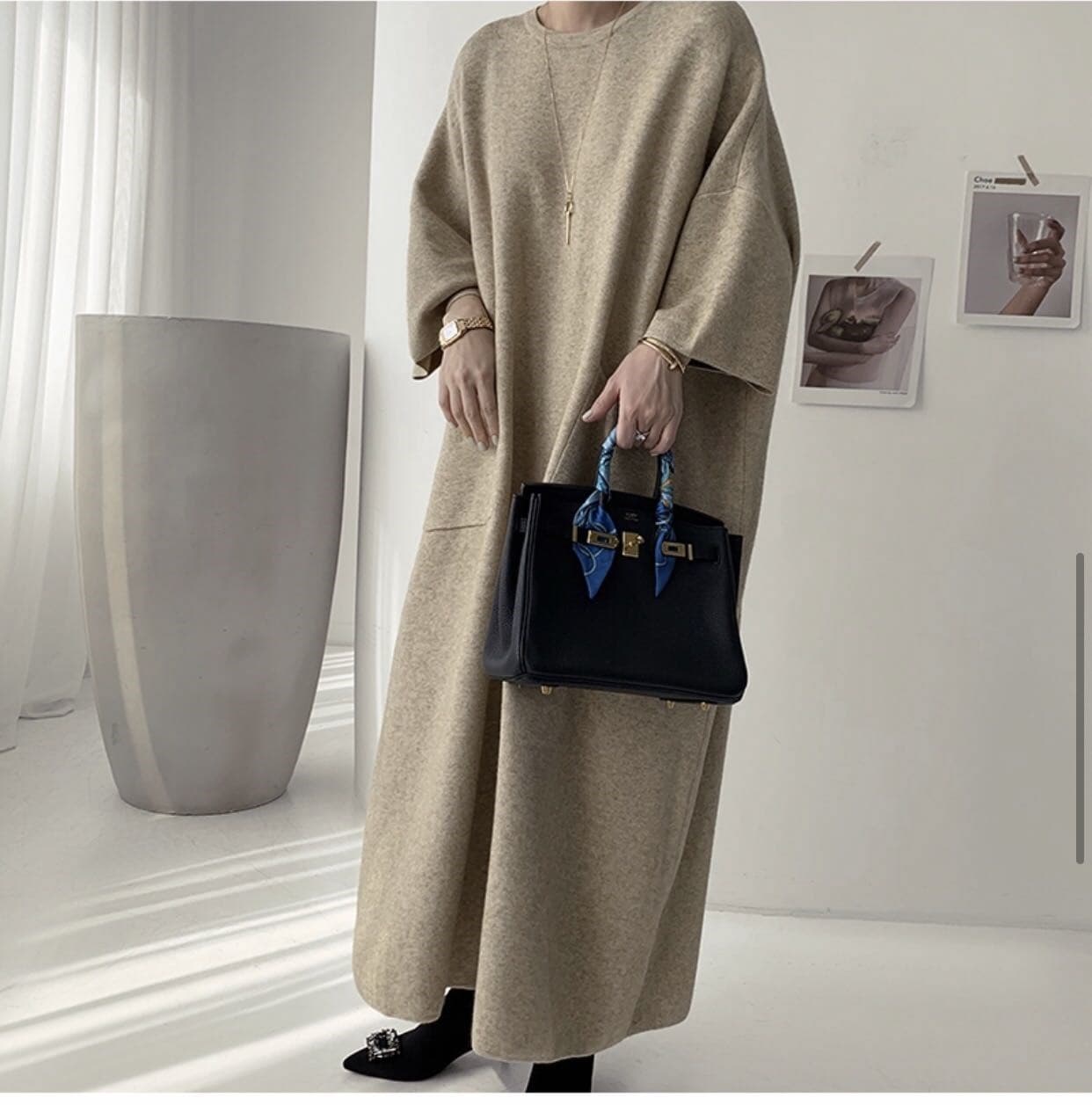 50代ファッション 厚手ニットワンピース 体型カバー ロング丈 上品 ドレス
