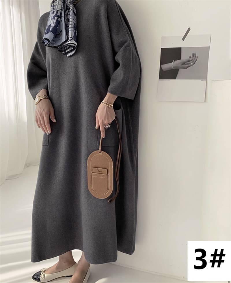 50代ファッション 厚手ニットワンピース 体型カバー ロング丈 上品 ドレス