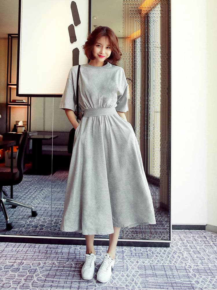 50代ファッション シンプル優美ウエストマークワンピース